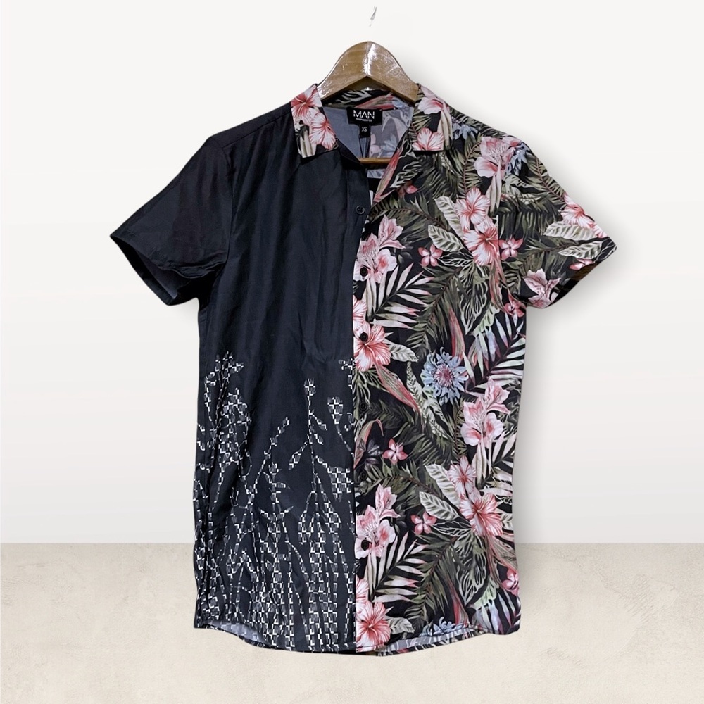 Boohoo Man floral colorblock button down hawaiian shirt XS